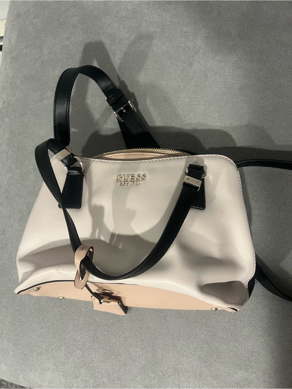 GUESS Two-Tone Cream & Black Satchel with Blush Trim